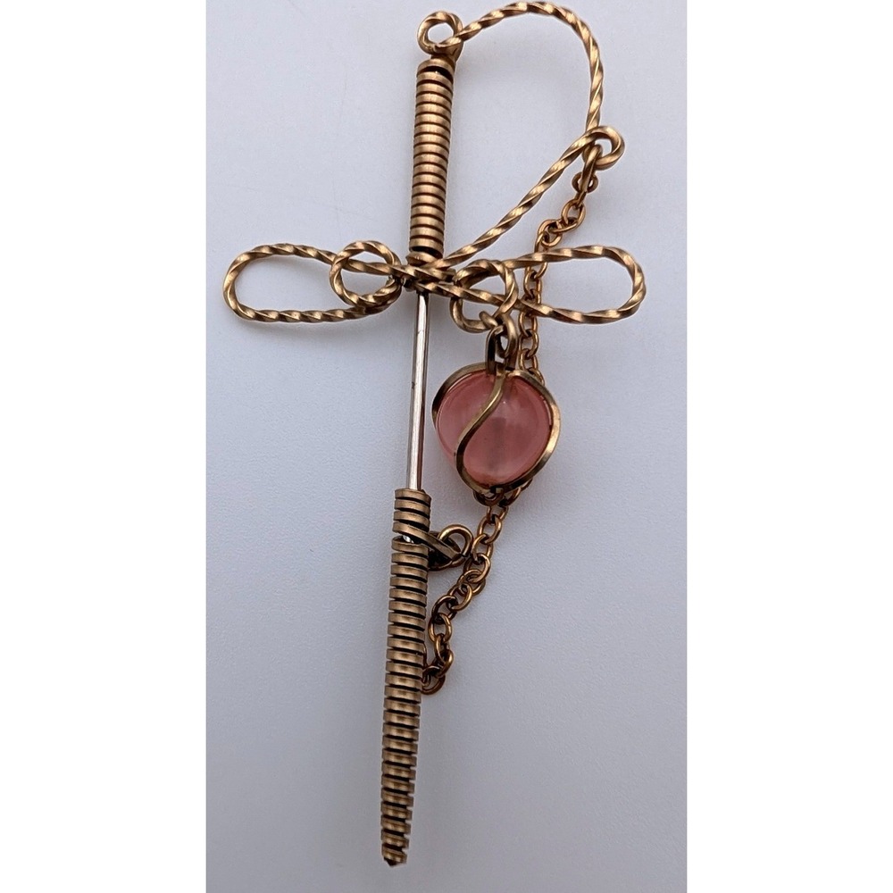 Vintage Gold Tone Stick Pin Pink Bead Bow Scarf Lapel Pin with Chain Guard